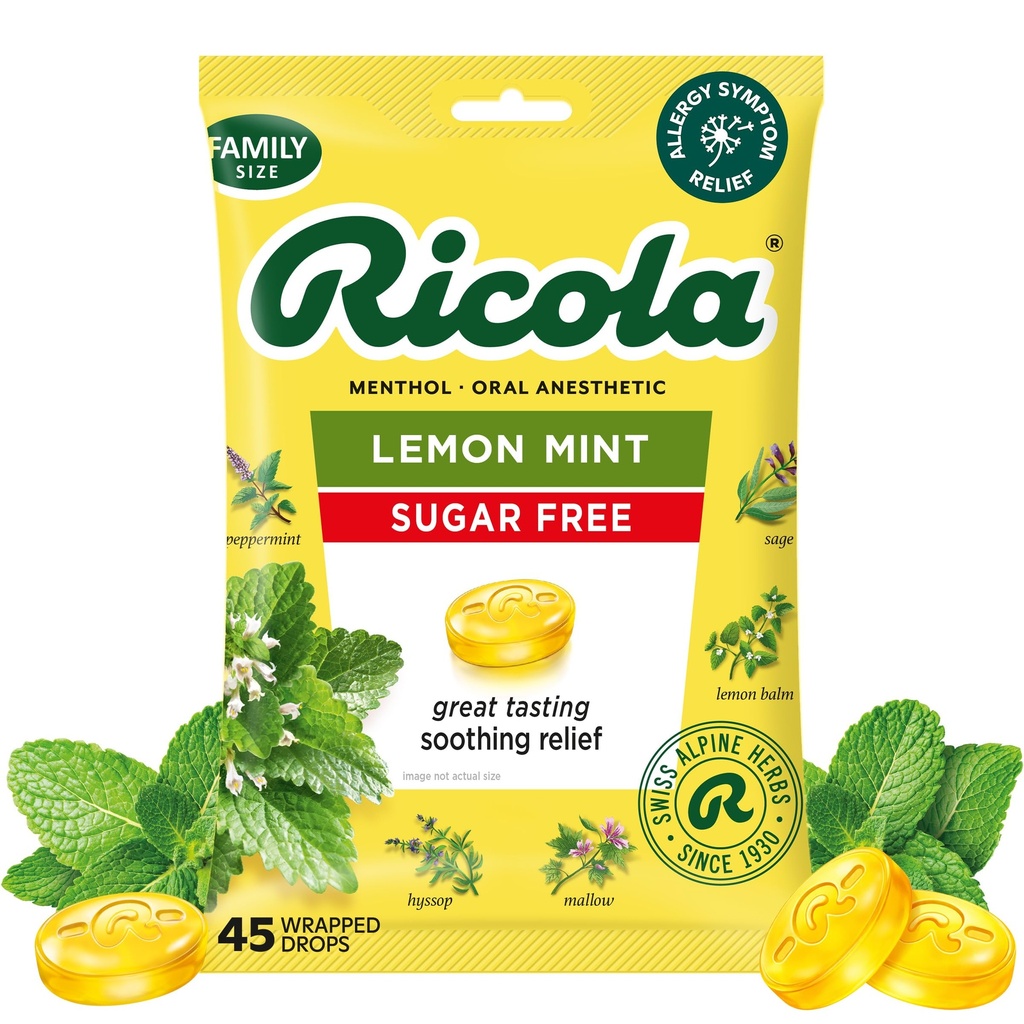 Ricola Sugar Free Lemon Mint Gocce di trazione, 45 Conte, Rilievo rinfrescante da piccole irritazioni di gola, Anestetico orale