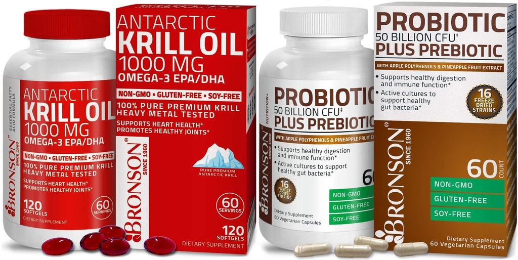 Bronson Probiotic 50 miliardi di CFU + Prebiotico con mela polifenoli & Ananas Frutta Extrac Antartico Krill olio 1000 mg con Omega-3s EPA DHA