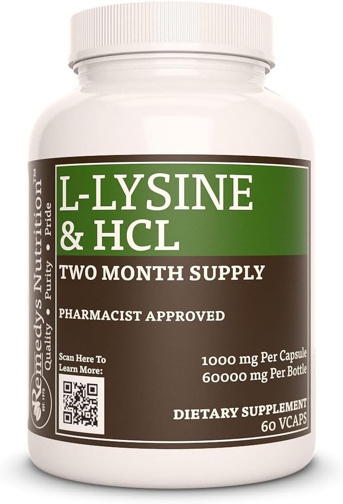 Alimentazione di Remedy L-Lysine HCL | 1.000 mg, 60 Vegan Capsule Aminoacido Integratore alimentare | Fornitura di due mesi