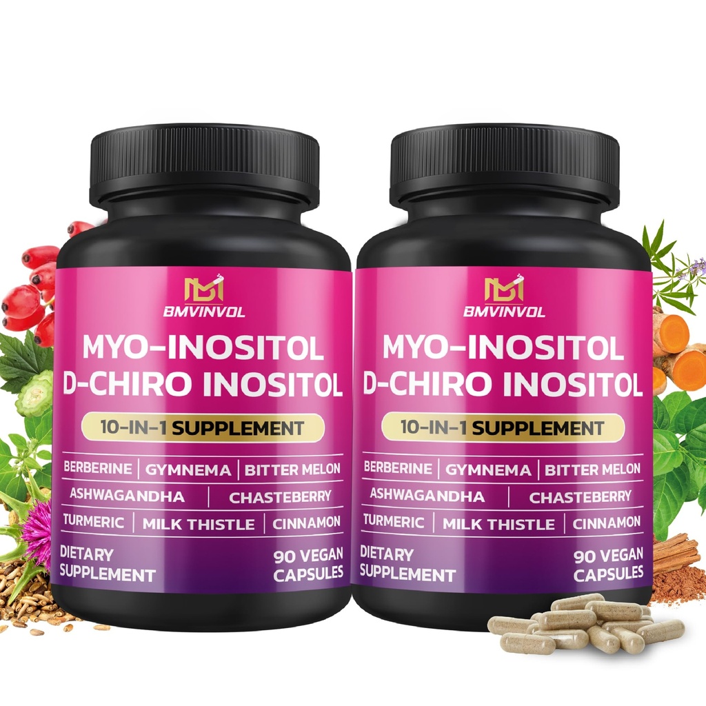 BMVINVOL 2 Pack Integratore Inositol-Myo-Inositol e D-Chiro Inositol Ideale 40:1 Ratio - Plus Berberine, Cinnamon, Ashwagandha+5 Più-60