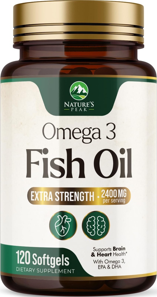 Omega 3 Fish Oil 2400 mg supplemento, Sostenibilmente Sourced, Triple Strength Omega-3 Supplementi Softgels, Supporto per la salute del cervello, EPA & DHA Fish Oil Fatty Acids Supplements, Gluten & GMO Free, 120 Softgels