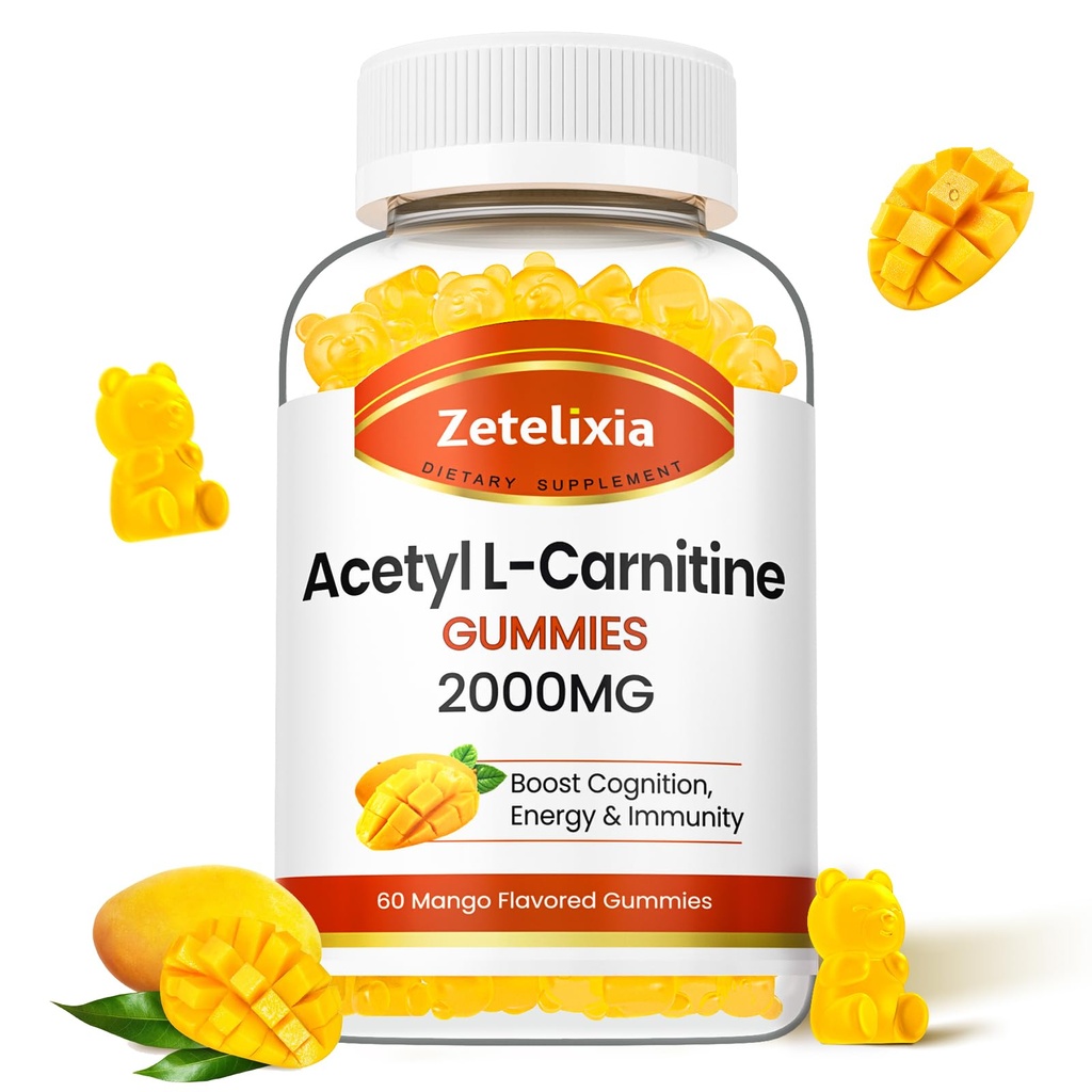 Acetyl L-Carnitine Gummies, L-Carnitina Supplemento per le donne e gli uomini, Nutrizione Supplemento per Boost Energy, Immunity & Brain Health, Vegan, Non OGM, Mango Flavor, 60 Conte