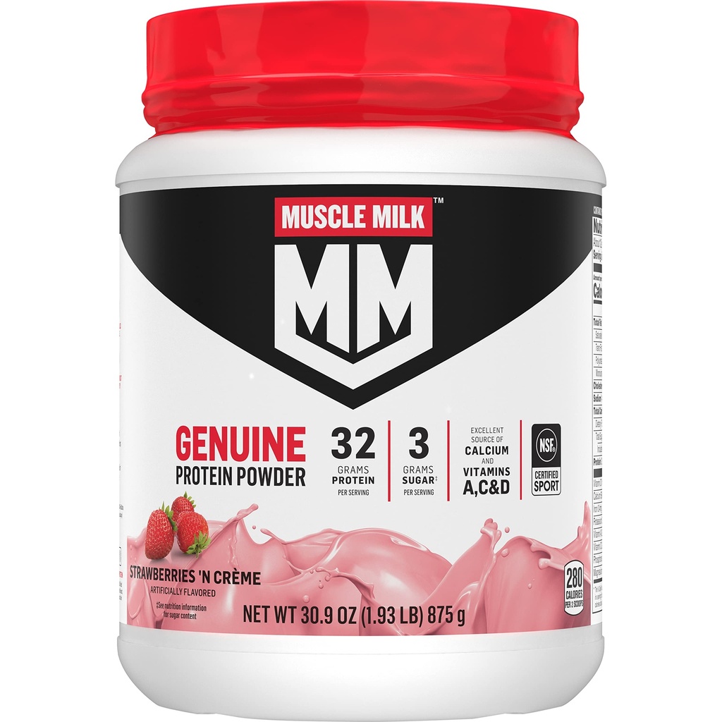 Polvere proteica genuina del latte del muscolo, fragole 'N Crème, 1.93 Pounds, 13 Serve, 32g Protein, 3g Zucchero, Calcio, Vitamine A, C & D, Certificato NSF per lo sport, Spuntino energizzante, Imballaggio May Vary