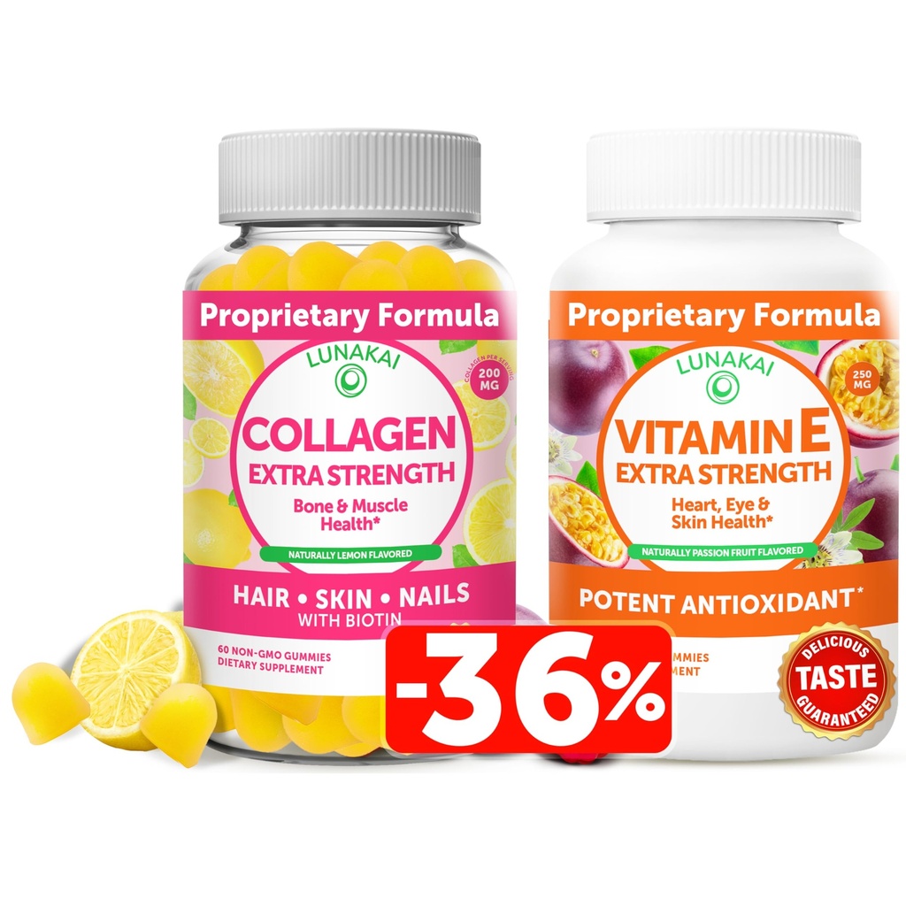 Lunakai Collagen e Vitamina E Gummies Bundle - Integratori Anti OGM per Uomini e Donne - Gomma Naturale con Vitamina C & 250 mg VIT naturale E