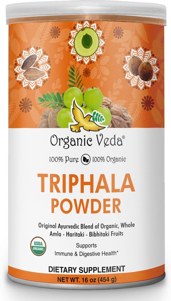 Polvere di Triphala di Veda Organica con Amla, Haritaki, Frutti di Bibhitaki - Polvere naturale di Triphala di Ayurvedic 100% - Migliora il supporto immunitario, Digestione, Pulire il colon, Salute della pelle - Vegan, Non-GMO - 16oz