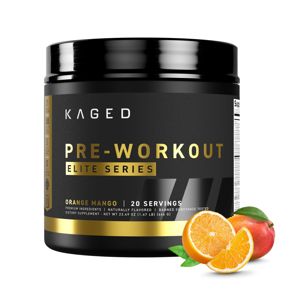 Kaged Pre Workout Polvere pre-allenamento Elite per gli uomini e le donne, alto stimolante per l'energia, messa a fuoco, pompe, L-citrullina, Beta Alanina, creatina & 388mg di caffeina organica, mango arancione