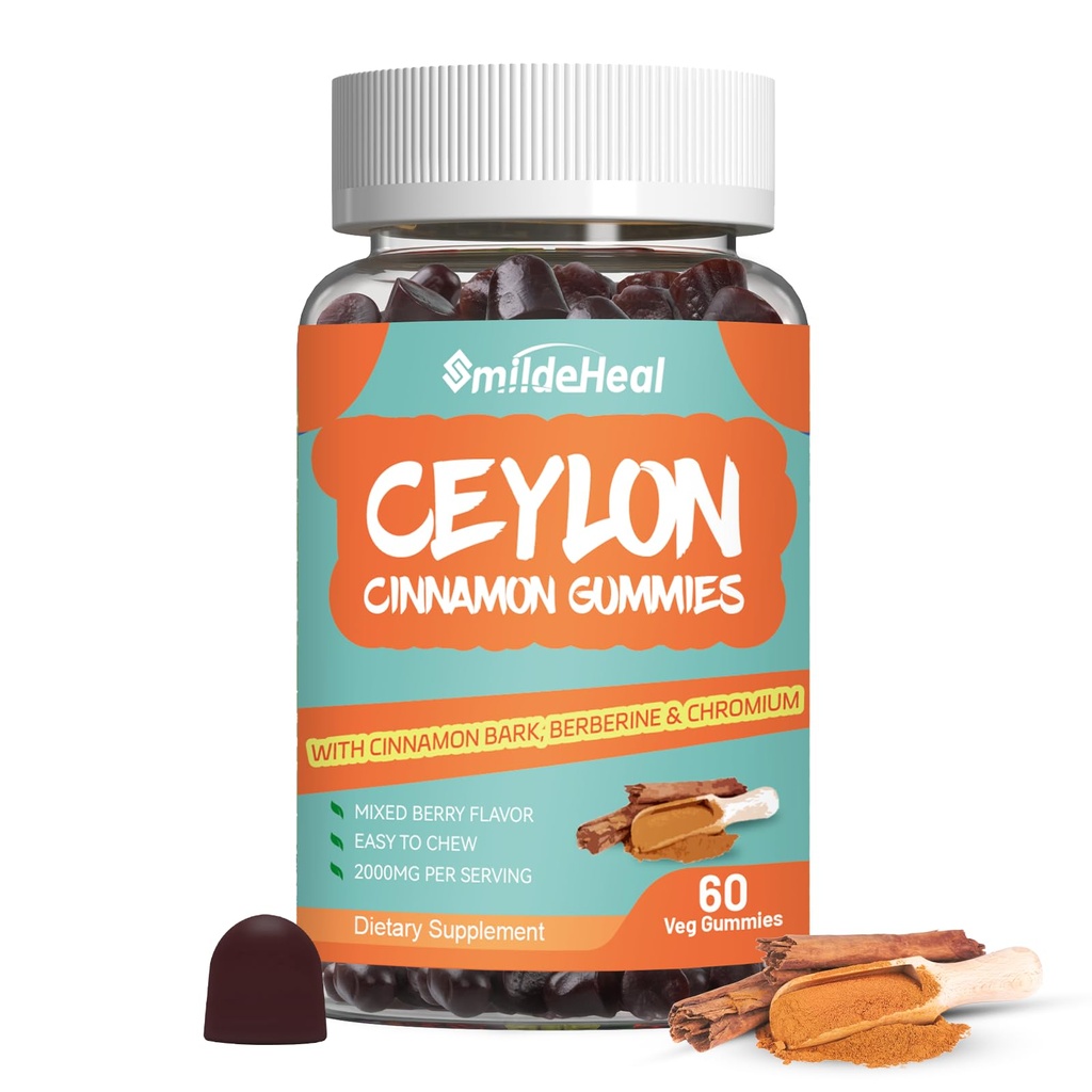 Zucchero Ceylon Cinnamon Gummies 2000MG, Integratore di cannella con Cromo e Cinnamon Bark, Vegan, Non OGM, Gluten Free, 60 Gummies