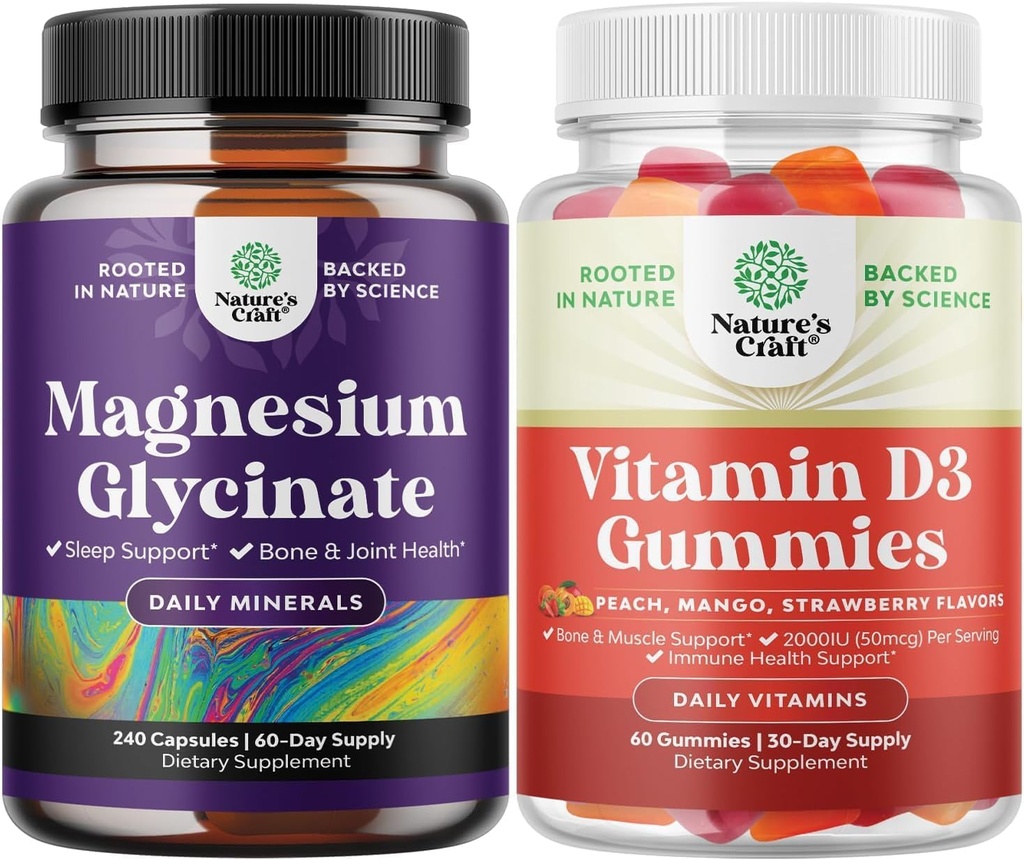 Bundle of Pure Magnesium Glycinate 400mg Per servire per il sonno del mood e rilassamento 240ct e Vitamina D3 Gummies per il benessere quotidiano o Bone Muscle & Supporto immunitario