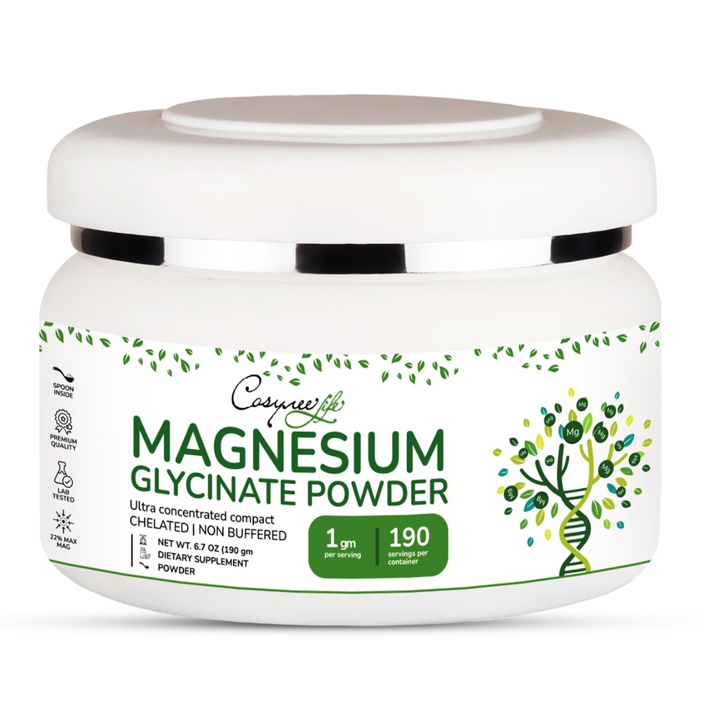 Magnesio Glycinate 220mg Polvere di Magnesio ad alto assorbimento per il sonno, Calma, Polvere di Magneisum bisglycinate Glicinato de Magnesio 190