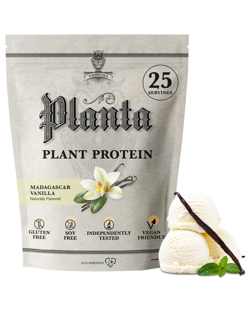 Ambrosia Planta - Premium Plant-Based Protein | Vegan & Keto Friendly | Guurmet Flavors with No Bloating or Stomach Upset | Gluten & Soy Free | No Aggiunto Sugar | 25 Servings | Vanilla