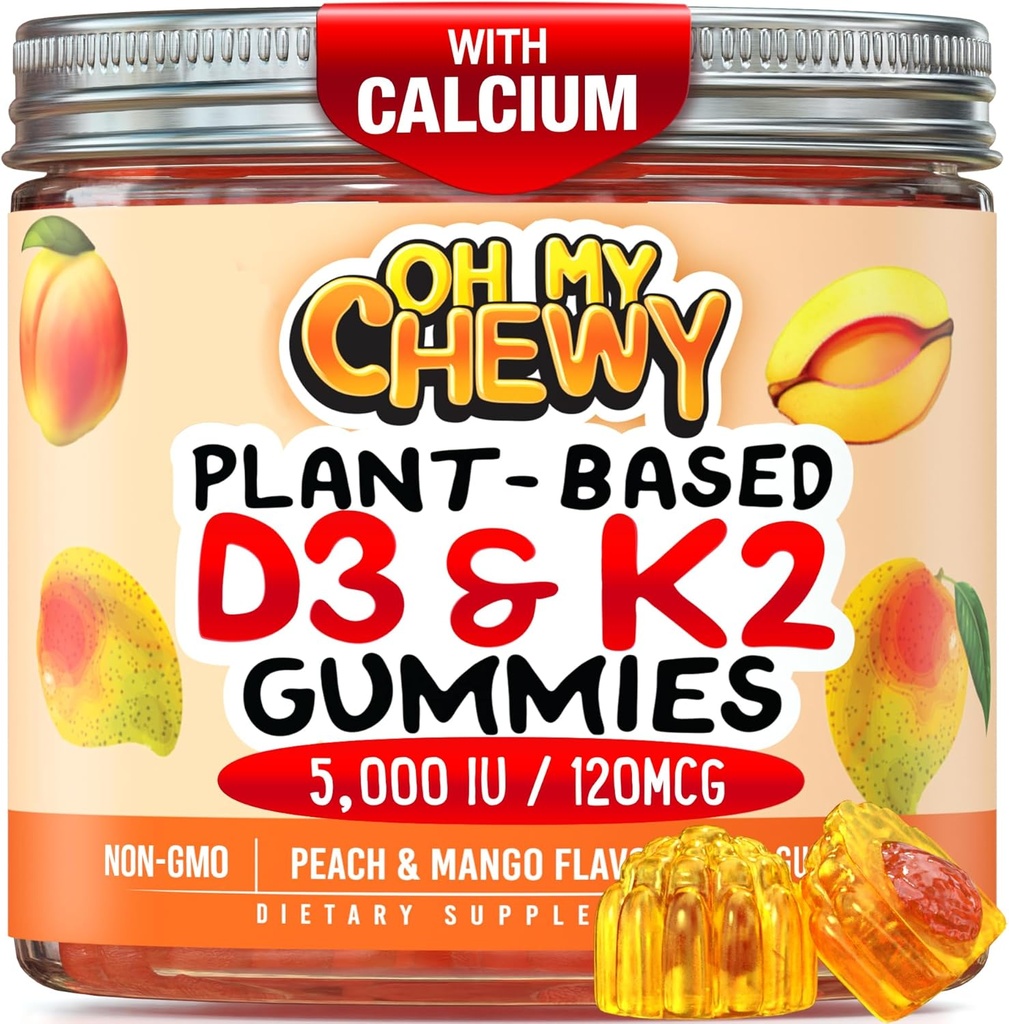 Vitamina D3 K2 Gummies - Bambini, Adolescenti & Adulti - Supplemento per denti sani, ossa, energia e immunità - 5000 IU D3, 120 mcg K2 (MK-7), 120 mg Calcium - Vegan & Non-GMO - 60 Conte
