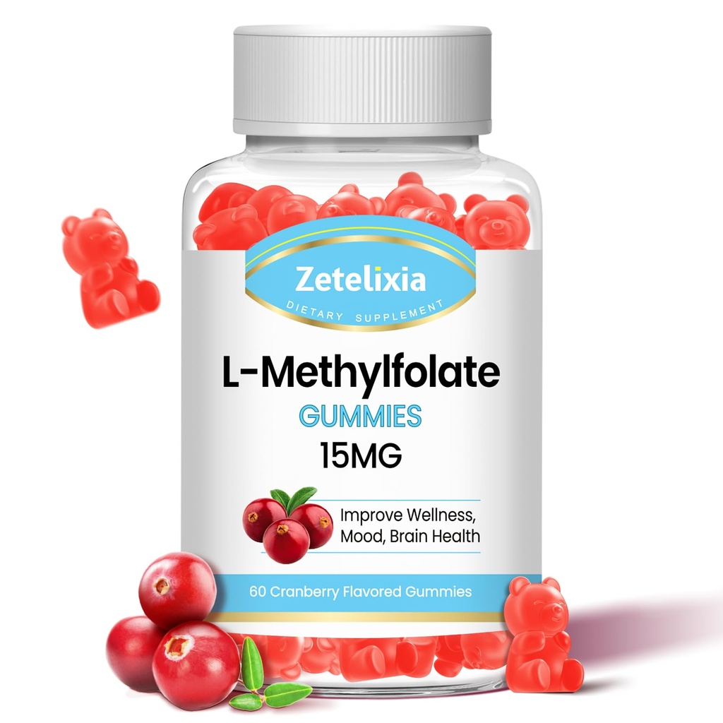 L-metilfolato 15mg & Methyl B12 Gummies, Folate Supplemento per la salute del cervello, Mood & Immunity, DNA Sintesi & riparazione, Sugar Free, Vegan, Cranberry Flavor, 60 Count
