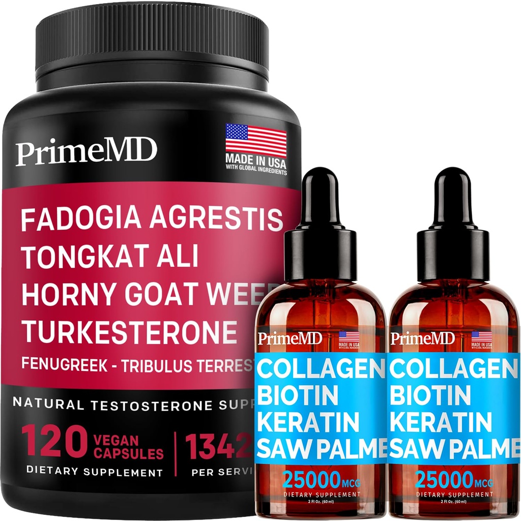 Liquid Collagen Biotin (2pk) e Fadogia Tongkat Ali (1pk) Supplemento Bundle - Potenti vitamine per capelli, pelle, unghie, cuore, energia e supporto testosterone - Non OGM, Vegan