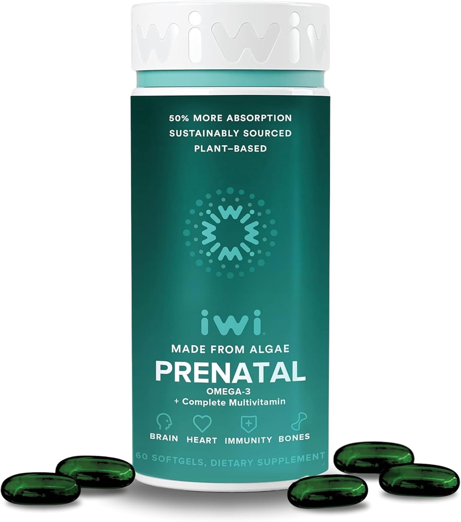 Iwi Life Prenatal Multivitamin, 60 Softgels (30 Serve), Vegan, Algae Omega 3 a base vegetale con EPA + DHA, Folate, Ferro, Vitamina A, B12, C, D3, Calcio, Gravidanza Integratore alimentare per mamma & Baby