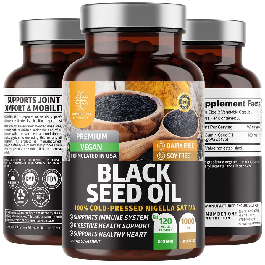 Numero Uno Nutrizione N1N Premium Olio di semi neri [Max Strength, 1000 mg] 100% Nigela Sativa a freddo per sostenere la digestione, il sistema immunitario e il comfort e la mobilità comuni, 120 Caps