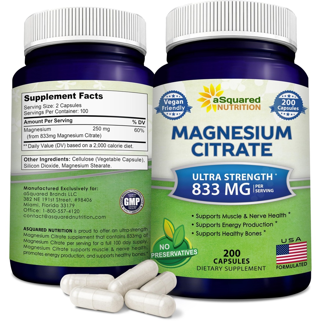 aSquared Nutrition Magnesium Citrate 833mg Supplemento - 200 capsule - Max Strength Vegan Mag Citrate Powder Pills to Support Pure Function of Muscles, Heart & Bones - Aiuta ad aumentare l'energia