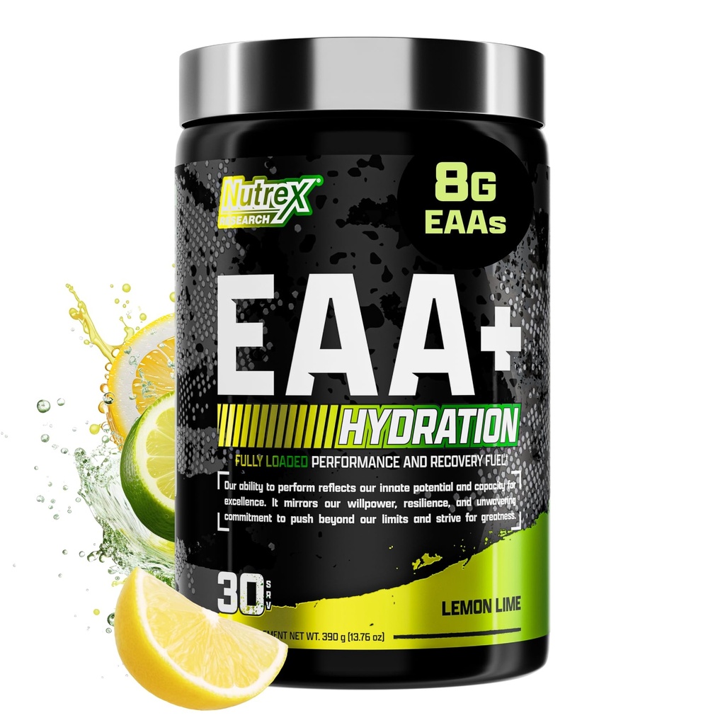 Nutrex Research EAA Hydration | EAAs + BCAA Powder | Muscle Recovery, Strength, Muscle Building, Endurance | 8G Essential Aminoacidi + Electrolytes | (Packaging My Vary) 30 Servings (Lemon Lime)