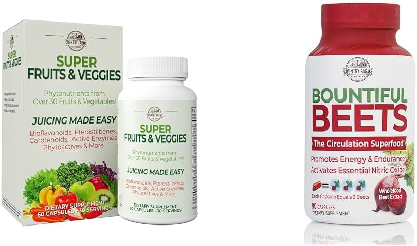 COUNTRY FARMS Super Fruits Veggies Antiossidante Immune Energy Digestive Capsule + Beets Bountiful Circulation Nitric Oxide Circulation Immune Capsule Bundle, 30 + 90 Serve