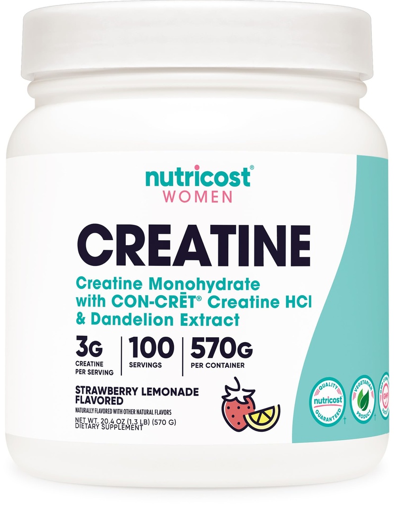 Polvere monoidrata di creatina di Nutricost per le donne, micronizzata, limonata di fragole, 100 porzioni - vegetariano, non OGM, senza glutine