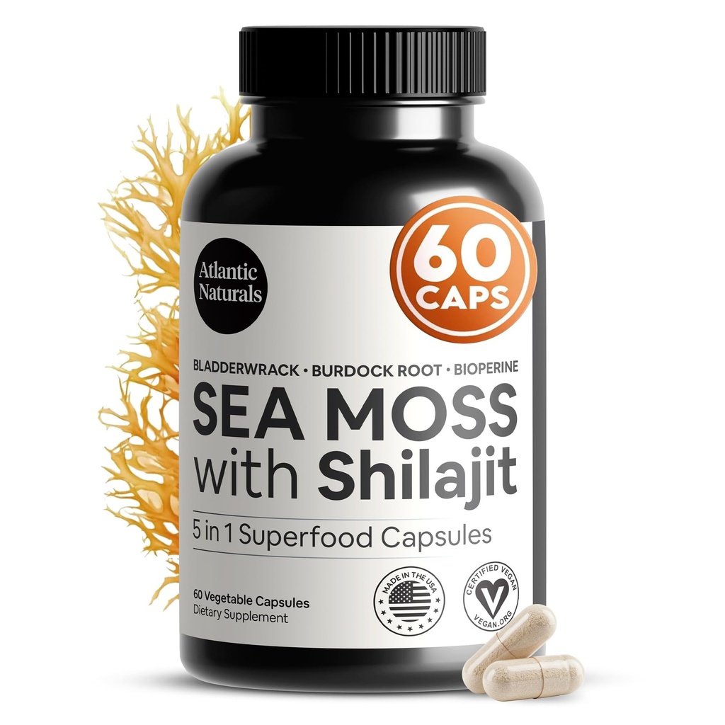 Atlantic Naturals Sea Moss e Shilajit Capsule – 5-in-1 Seamoss Shilajit Combo con Bladderwrack, Burdock Root & Black Pepper – Sea Moss Integratori per Assorbimento & Vitalità – 2705 mg – 60 Count