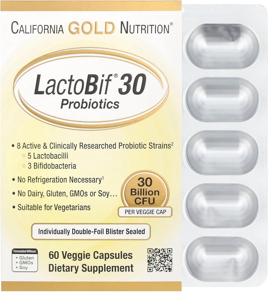 California Gold Nutrition LactoBif® 30 Probiotici, 30 miliardi di CFU, 60 capsule vegetali