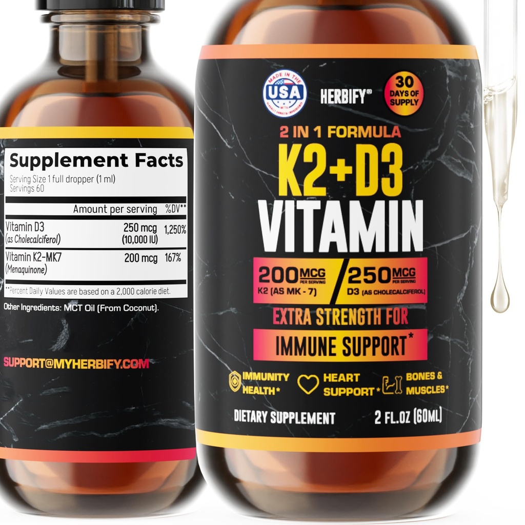 Gocce di vitamina D3 K2 – Vitamine liquide per le donne, Men & Teen - Integratori di resistenza Bone - Vitamine D3 K2 Mt per il supporto immunitario & salute del cuore - Vitamina D3 10000 Iu Liquid K2 Gocce – 2 oz