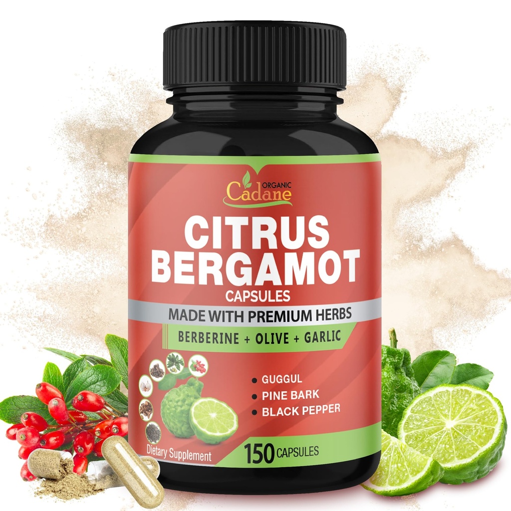 Cadane Citrus Bergamot Supplemento Capsule con Berberina, Olive, Guggul, Aglio, Pine Bark, Pepe Nero - 150 Caps per 5 Mesi di Alimentazione