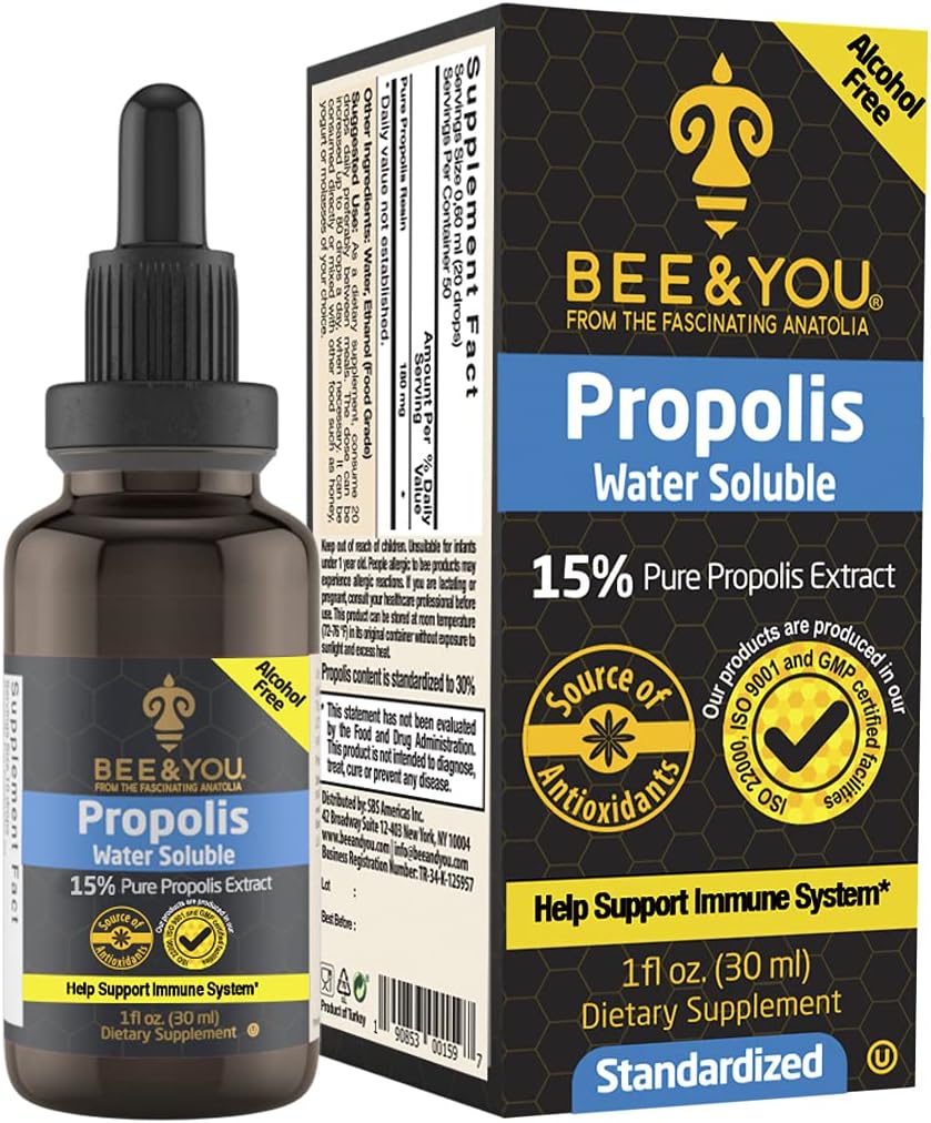 BEE e si 15% puro Propolis Water Soluble Extract - Alta potenza - Zero Sugar - Zero Calorie - Natural Immune Support&Sore Throat Relief Antiossidanti, Keto, Paleo, Gluten-Free, 1 Fl Oz