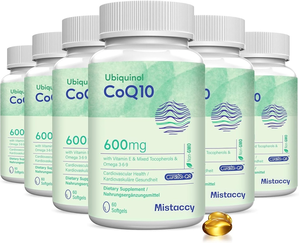 CoQ10 600mg Softgels | High Absorption CoQ10 Ubiquinol Supplemento | Forma ridotta potenziata con vitamina E & Omega 3 6 9 | Powerhouse antiossidante Buono per la salute | 360 Softgels