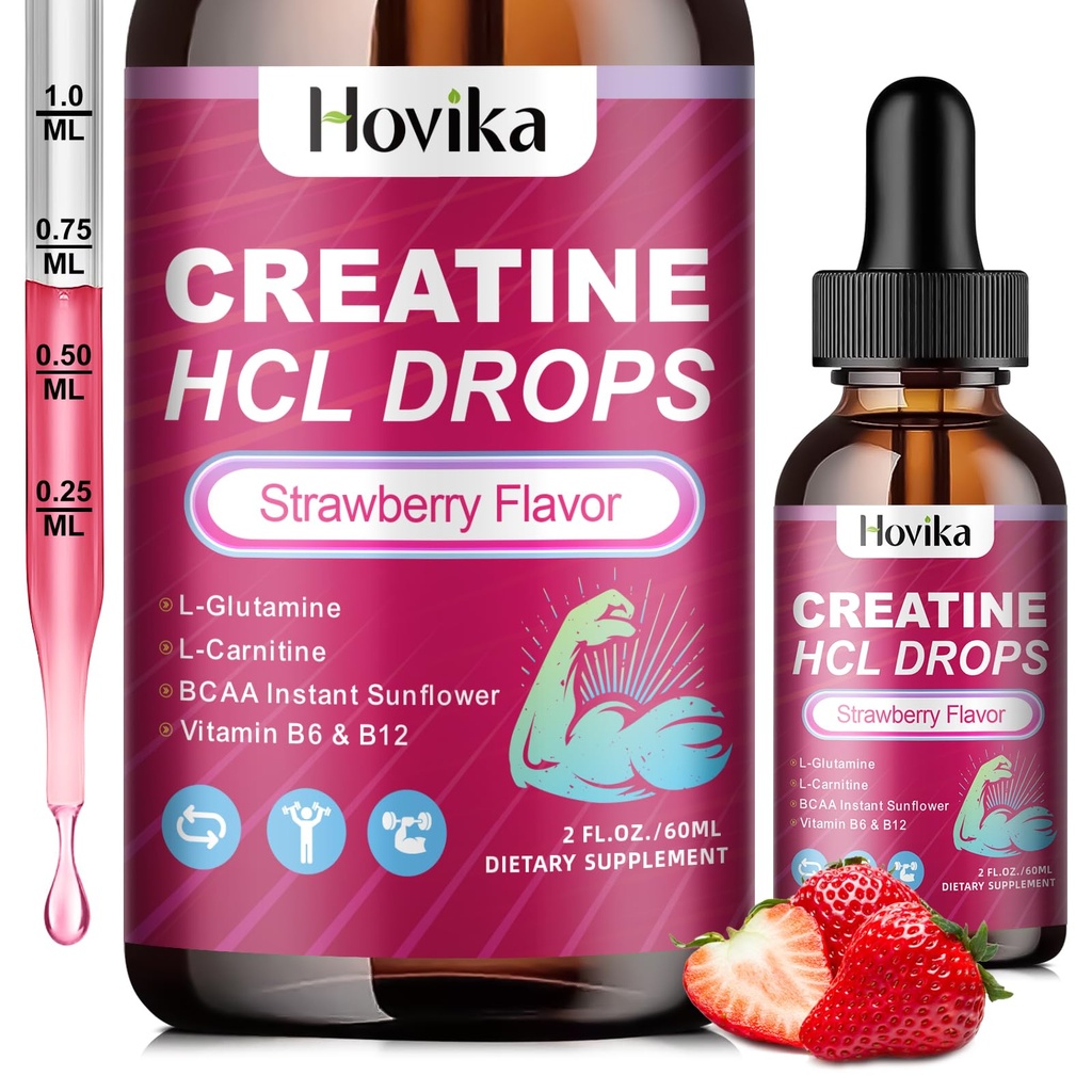 Gocce liquide HCL di creatina per uomini e donne, cloridrato di creatina con L-carnitina, L-Glutamina, BCAA, vitamina B12 & B6 per la crescita del muscolo, promuove l'energia e il recupero-Vegan, aroma di fragola, 2 Fl Oz
