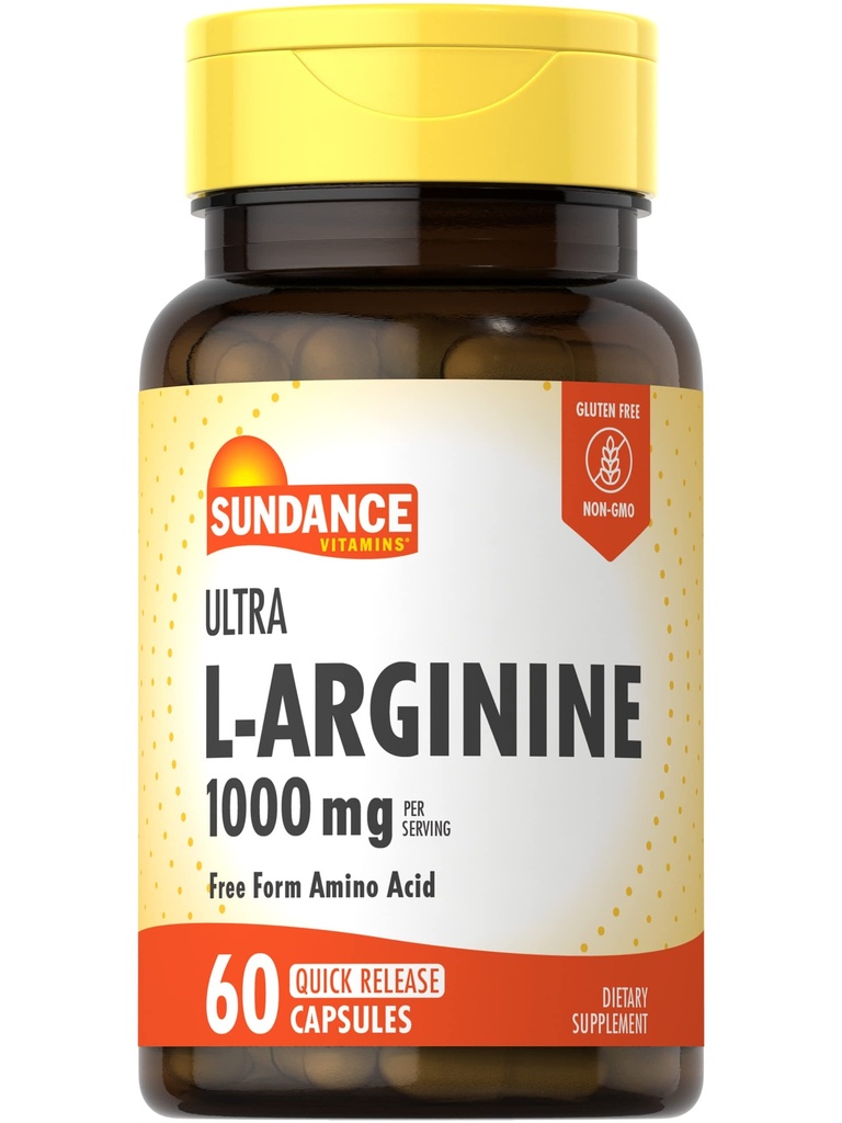 Sundance L-Arginina 1000mg Capsule | 60 Count | Supplemento gratuito di aminoacidi forma | Non OGM e Gluten Supplemento gratuito