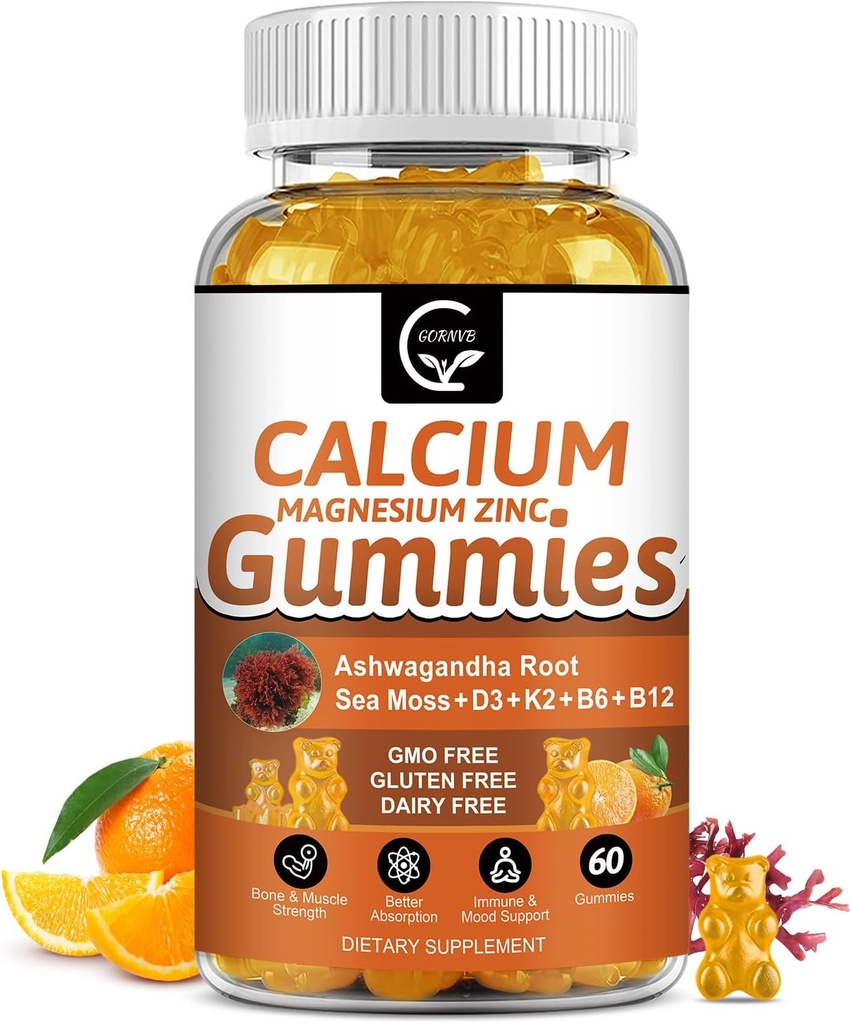 1200mg Calcium Gummies con vitamina D3,K2,B12 & B6 - Plant Complex Calcium Magnesium Supplement con glicinato,Potassium,Sea Moss,Ashwagandha Root for Bone & Teeth Strength, Muscle & Immune