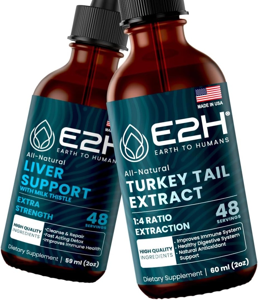 E2H: Integratore di supporto per fegato e Estratto di funghi di tacchino | Vegan, Non OGM - 2 Fl Oz Ogni (4 Fl Oz Totale) - Bundle