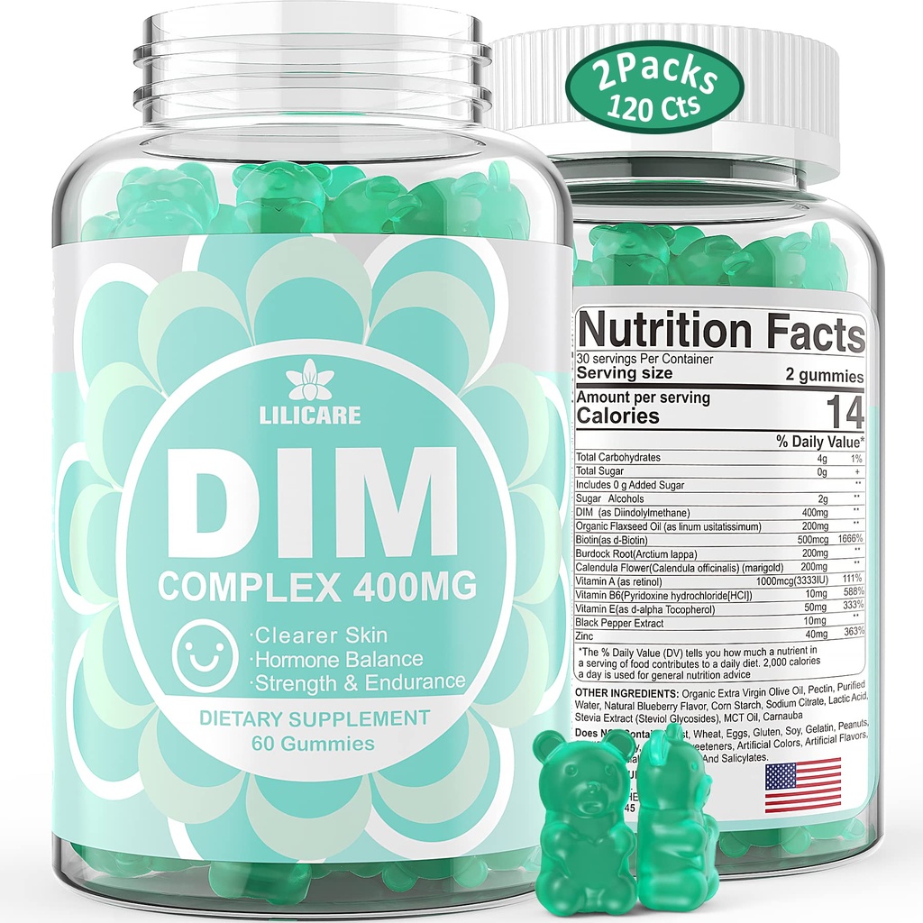 Supplemento DIM Donne 400mg, Integratore di estrogeni per le donne, Zucchero DiM Gummies per gli uomini e le donne + Biotina, Olio di lino, Burdock, Calendula, BioPerine per l'equilibrio dell'ormone, Menopause & Prostate 120Cts