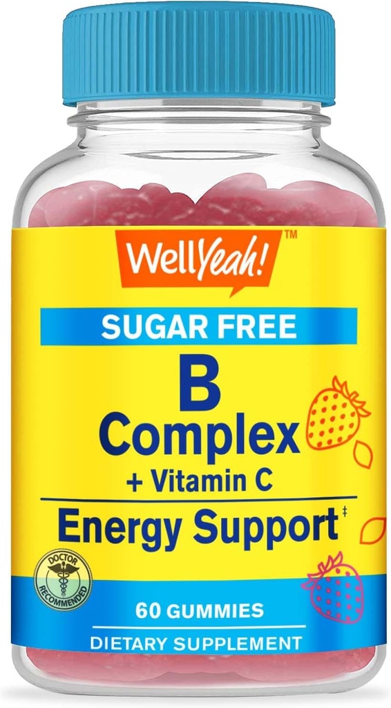 WellYes Vitamin B Complex Zucchero Gummie libere | con vitamina C, acido folico | Immune e supporto energetico | Sapore di fragola | 60 Conte