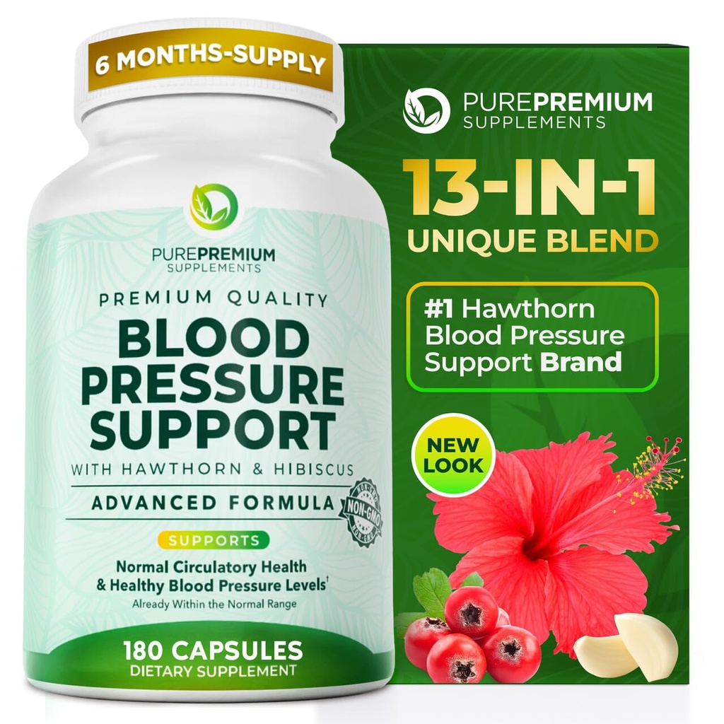 Integratori di pressione sanguigna puraPremium con bacche di biancospino, Hibiscus, aglio e vitamina B12- Ossido nitrico supplemento per la salute del cuore normale, Circulation Health & Blood Pressure Support - 180ct