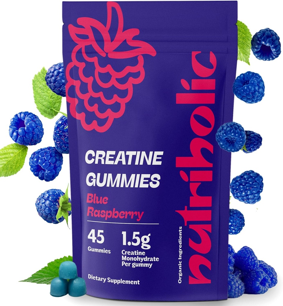 Creatina Monoidrato Gummies per Uomini e Donne - Facile da Digerire, Vegan, Senza Glutine, Non OGM, 1.5g di Creatina per Gomma - 45ct (45 conte, lampone blu)