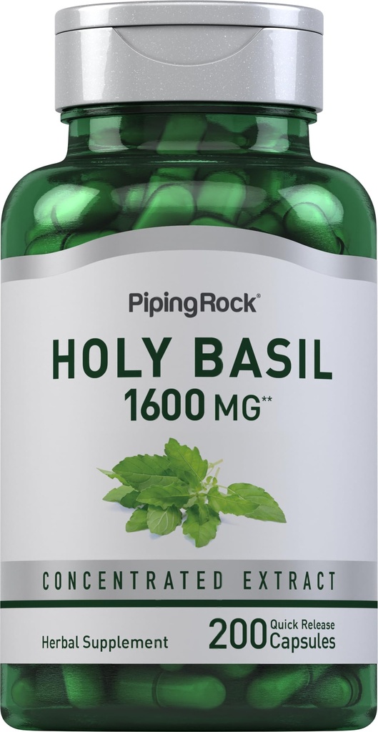 Piping Rock Holy Basil Capsules | 1600 mg | 200 pillole | Herb Leaf Extract | Supplemento per donne e uomini | Ocimum Tenuiflorum | Non-GMO, Gluten Free
