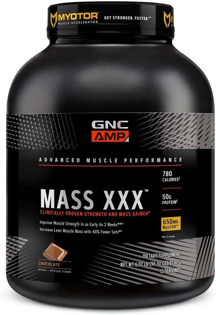 GNC AMP Mass XXX, Polvere proteica del Gainer di peso clinicamente provata, migliora la resistenza e la dimensione, 780 Calorie, 50g Protein, Aminoacidi micronizzati, Creatina, Betaina, Cioccolato, 13 Serve, 6 Pounds