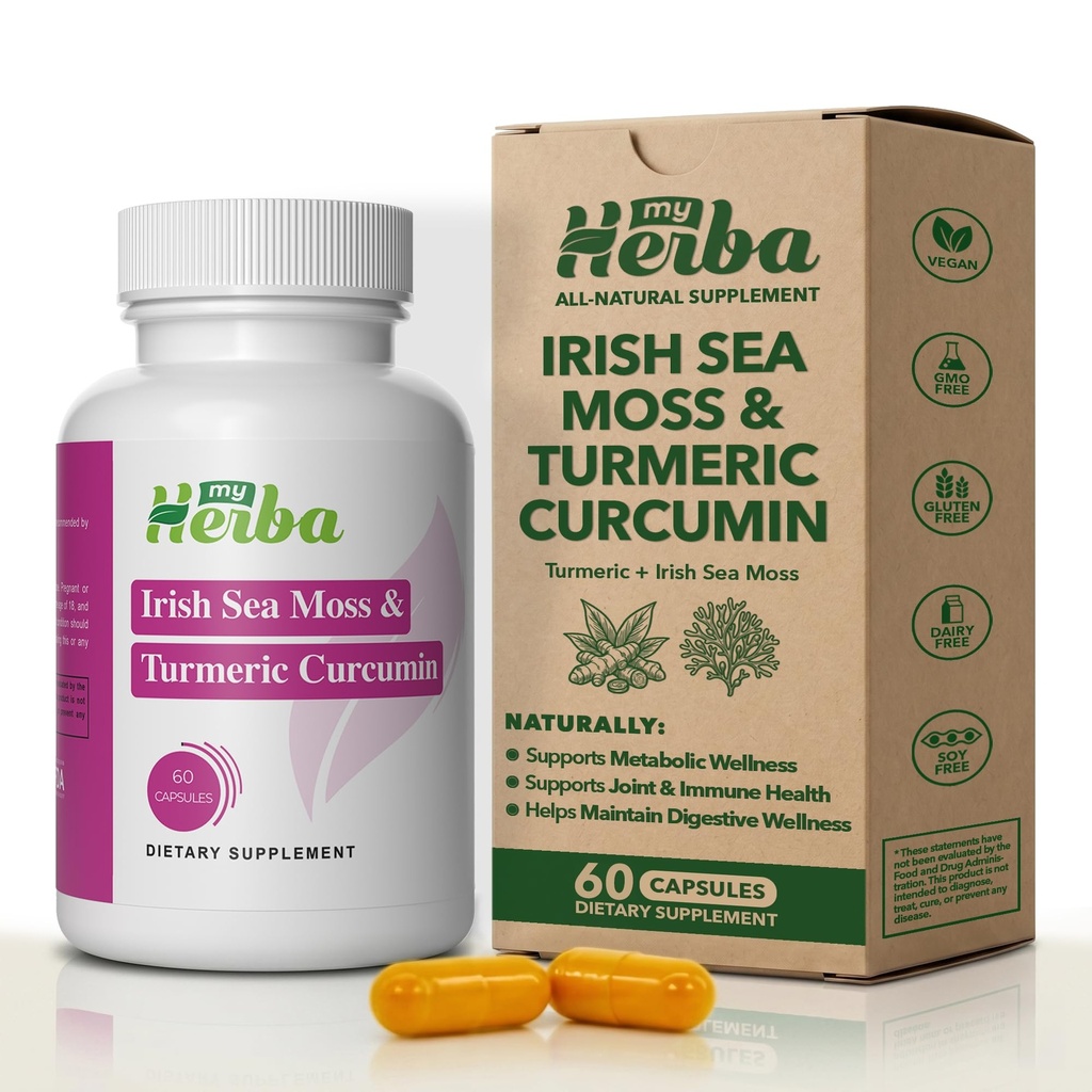 Sea Moss & Curcumin Supplemento curcuma curcuma - Formula vegana con Moss marino organico & Estratto di curcuma standardizzato (95% curcuminoidi), Supporto misto e mobilità per adulti, 60 capsule
