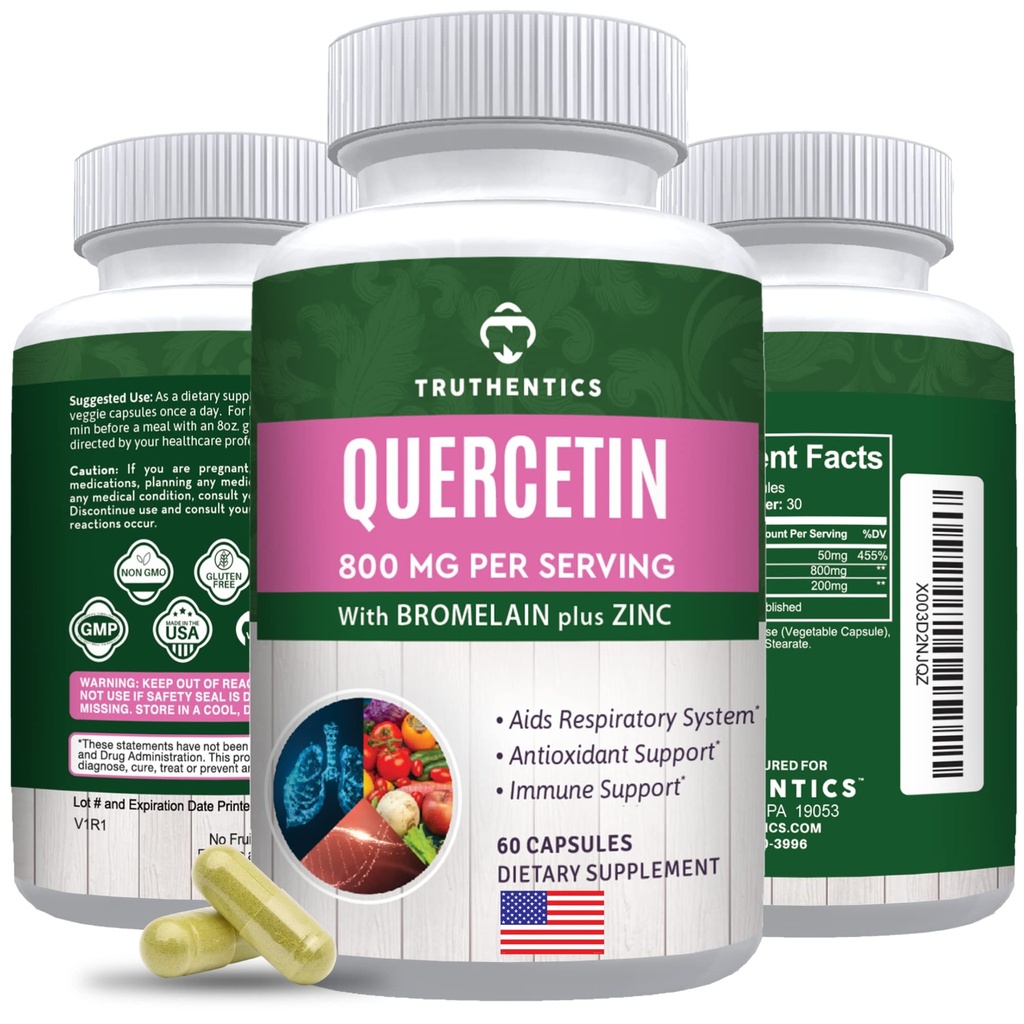 TRUTHENTICS Quercetin con Bromelain e Zinc 1050mg - Integratori Premium Zinc Quercetin per Supporto Immune, Respiratorio e Stagionale - Non OGM, Gluten Free - 60 Capsule Veggie