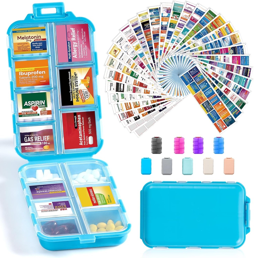 14 Grids Travel Pill Organizer Box con 415-Pcs Medicine Name Etichette - Pocket Daily Pharmacy Case Container Kit - Travel Medication Holder Dispenser per Fish Oil Vitamin Supplement Storage - Blue