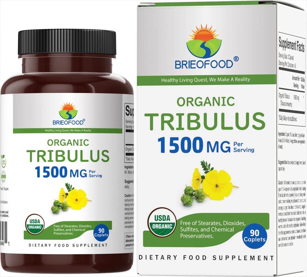 Brieofood Organic Tribulus 1500mg, 45 Serve, Vegetariano, Senza Glutine, 90 compresse vegetariane