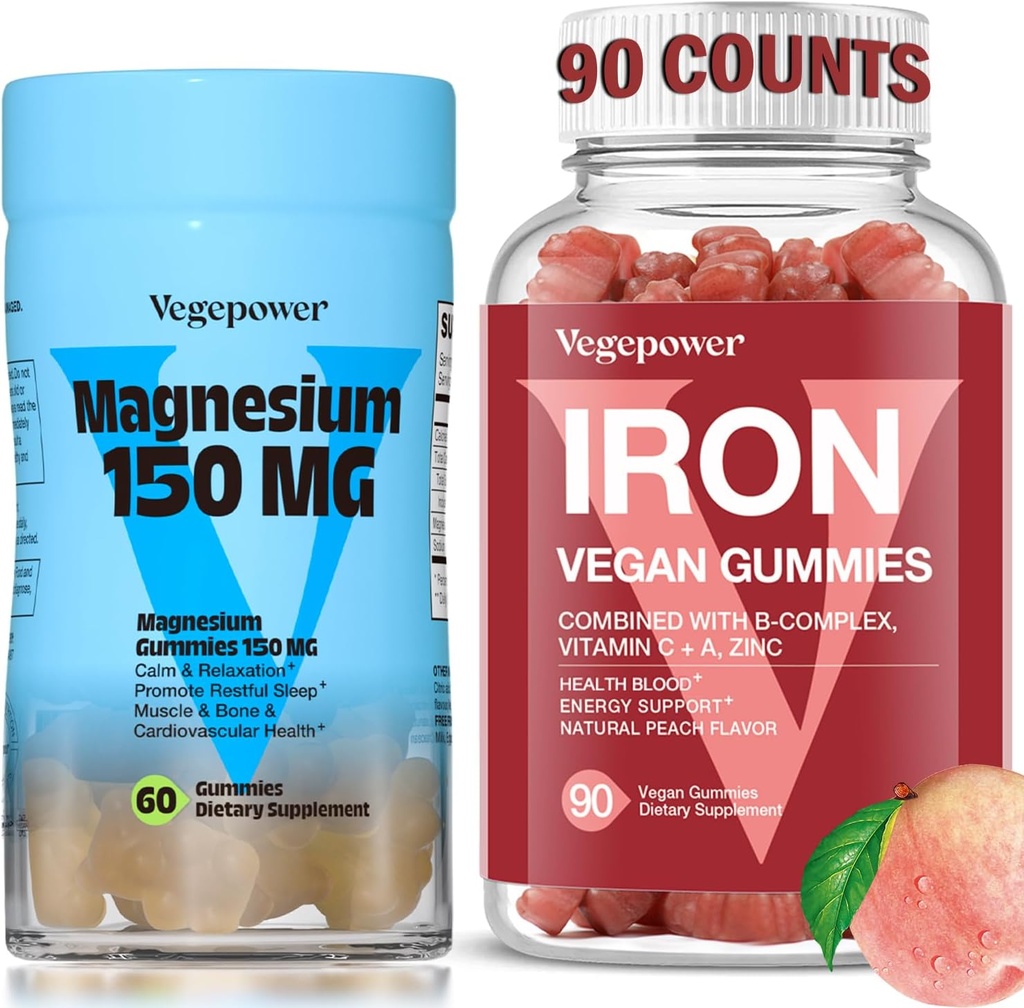 Supplemento di ferro con Magensium Gummies, Vegan Iron Gummies con vitamina C, A, B-Complex, Folate, Zinc per adulti e bambini, per la carenza di ferro, Anemia, sonno di rilassamento, Non OGM