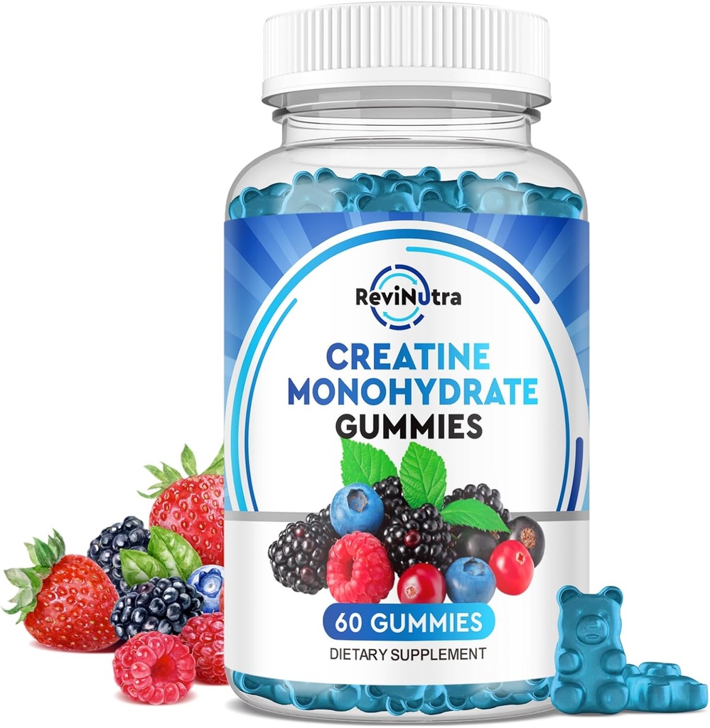 Creatina Monoidrato Gummies per Uomini e Donne, Masticabili Creatina Monoidrato con Vitamina B12 per la crescita muscolare & Recovery-Vegan, Misto Berry Flavor, 60 Gummies