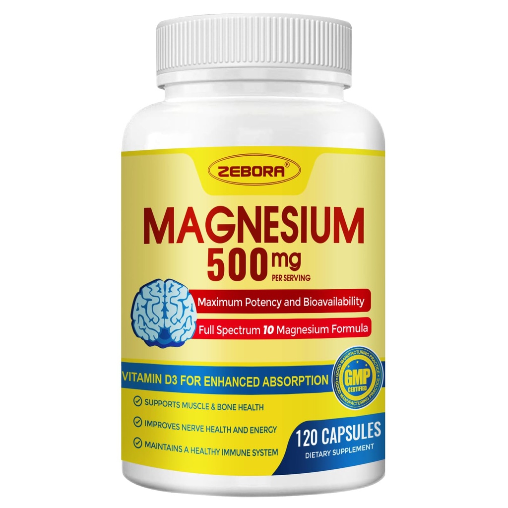 10-in-1 Magnesio Complesso Supplemento, Magnesio Glycinate 500mg con Citrato & Malato, Alta Assorbimento Chelato Plus Vitamina D3 & Zinc - per Nerve, Muscle & Bone Support - 120 Capsule