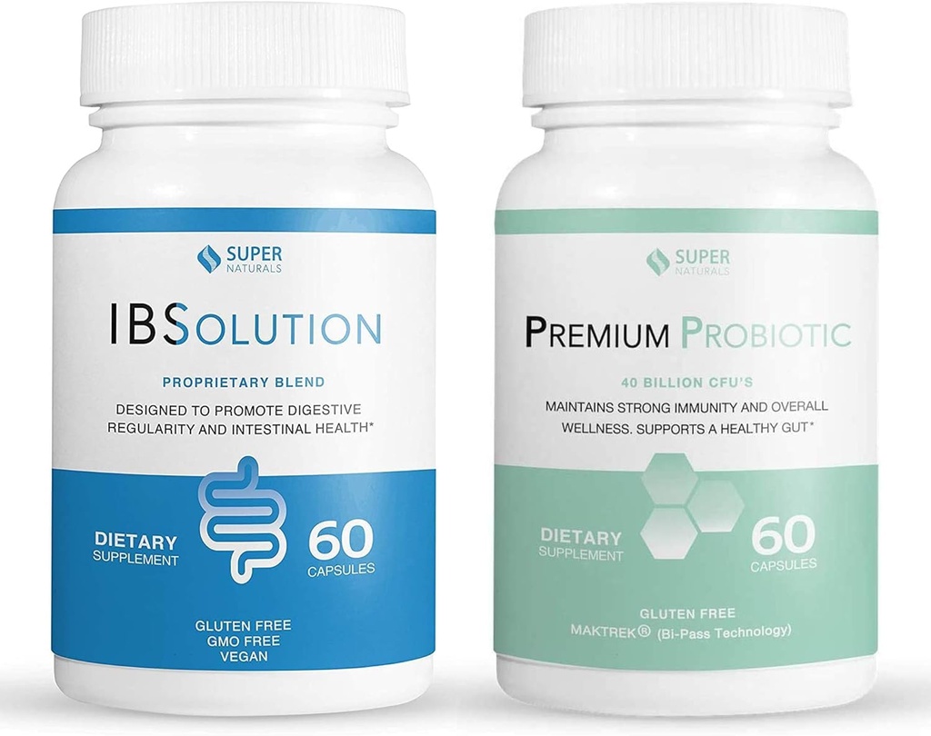 IBSolution Gut Health Bundle - Tutto Natural Gut Health Support & Premium Probiotics w/ 40 miliardi di CFU per il supporto di Bowels irregolari, Bloating, costipazione, gas, dolore addominale - 2 Pack (120 caps)