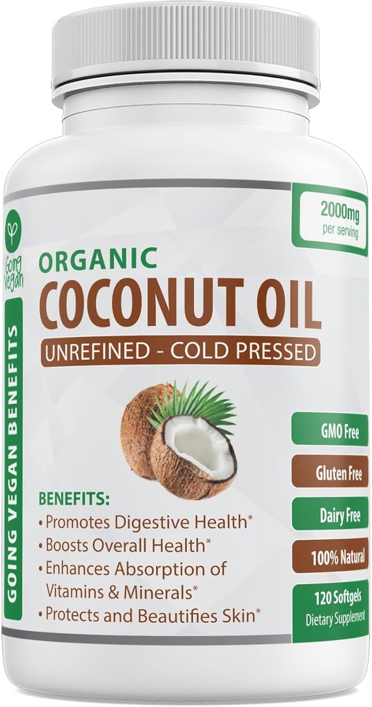 Estratto di olio di cocco biologico 2000mg - 100% Extra Vergine, Pressato a freddo per la pelle sana, la crescita dei capelli extra, Nail Care, Booster del cervello - 120 Softgels - Pillole Pure & Non OGM non raffinate - Ricco di MCT