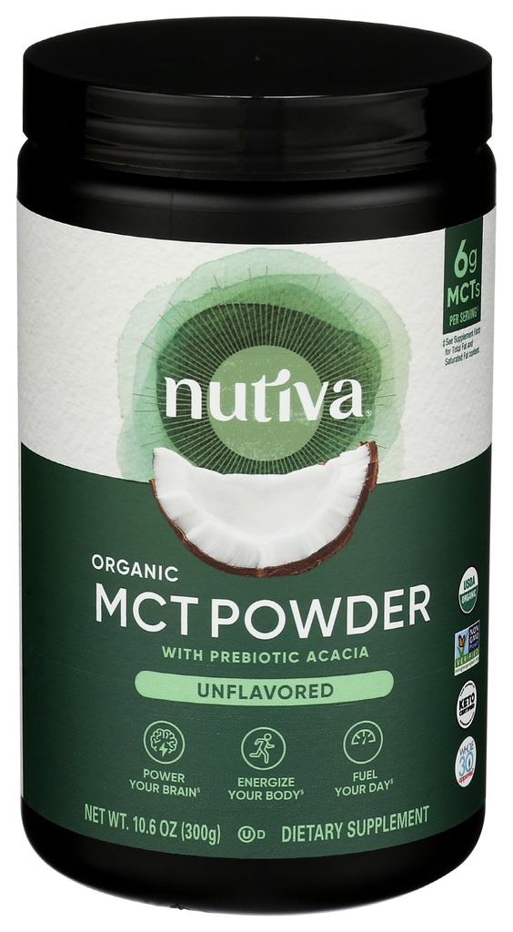 Nutiva Organic MCT Polvere con fibra di acacia prebiotica, Classic, 10.6 Oz, USDA Organico, Non OGM, Non-BPA, Vegan, senza glutine, Keto & Paleo, bevanda istantanea o Boost a caffè & Smoothies