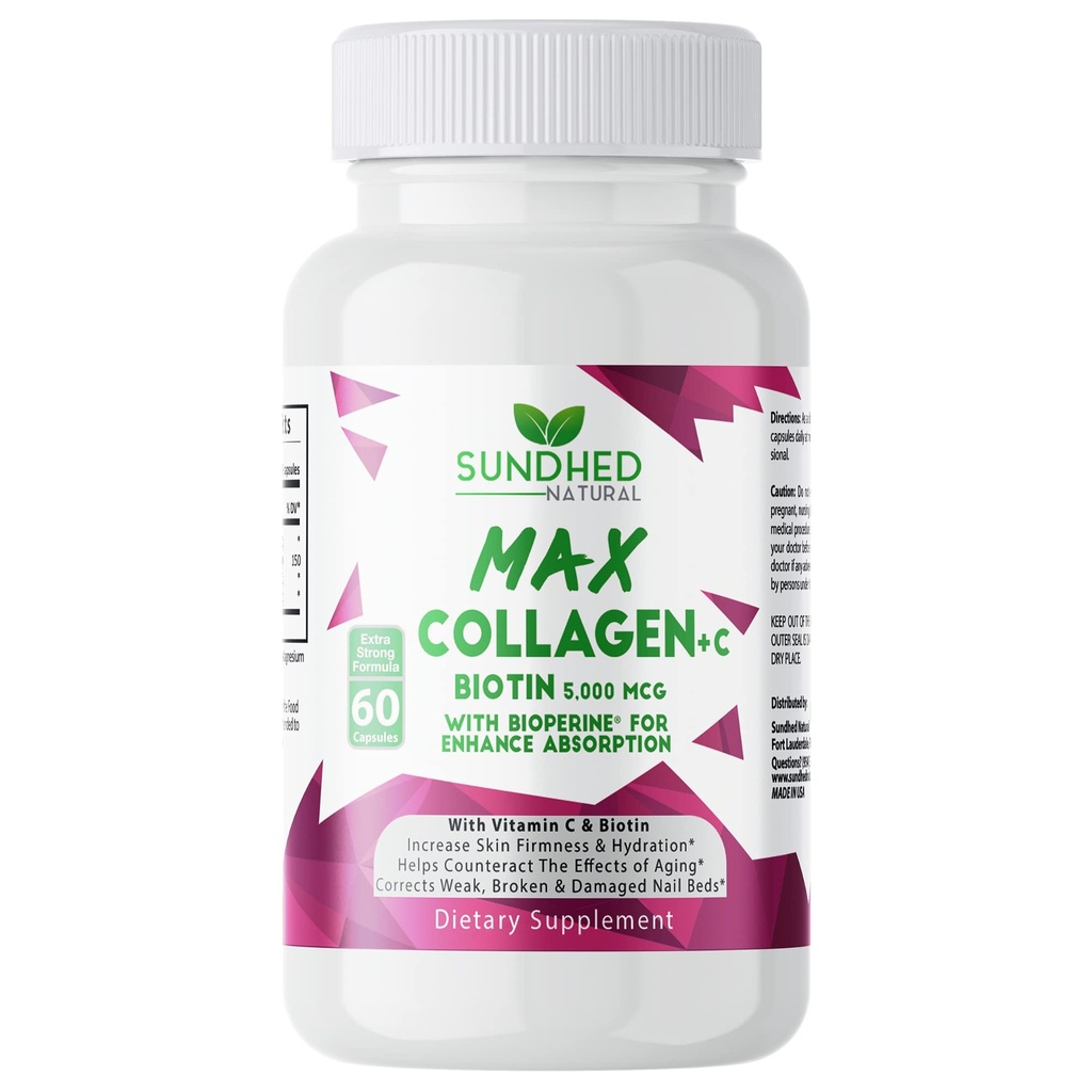 Max Collagen Plus C (60 caps) - Tutte le capsule di collagene naturali con Biotin & Bioperine per potenziare l'idratazione anti-invecchiamento e la durezza della pelle - Pillole di collagene per rafforzare le ossa e le unghie